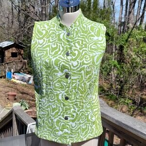 Chicos Green & White Patterned Sleeveless Top / Vest, Pockets, sz 1